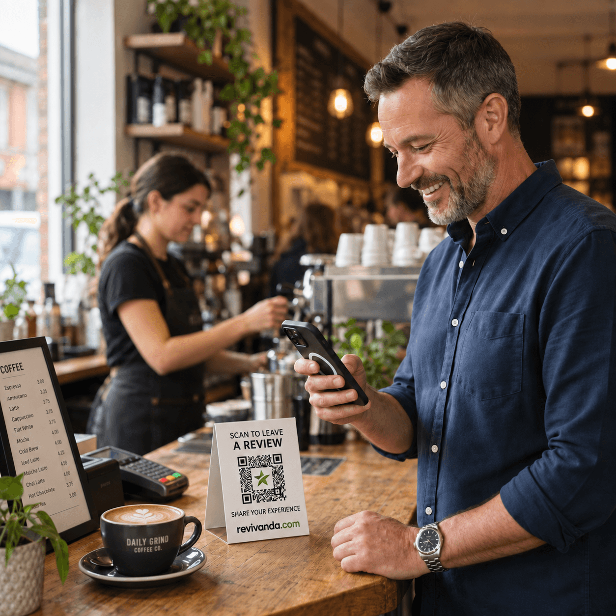 A customer scanning a QR code to leave feedback at a cafe counter