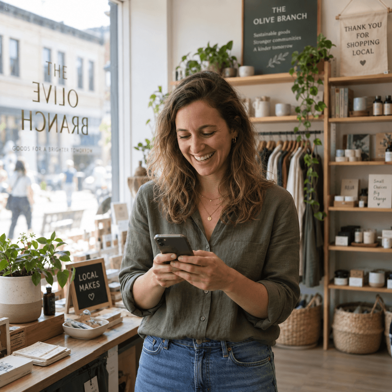 A small business owner smiling at positive customer reviews on her phone